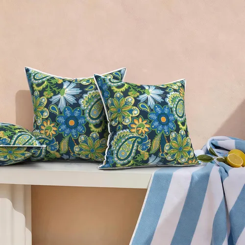 Miniatura 950 de Juego de 2 almohadas para exteriores de 16 x 16 pulgadas, repelentes al agua con interiores, para muebles de patio, hogar, jardín, geometría bohemia