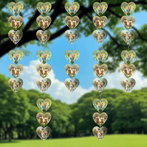 Miniatura 2 de Molinillos de viento para exteriores, repelente de pájaros, corazones 3D con patrón de gato colgante, 15 pulgadas, cinético, metal de acero