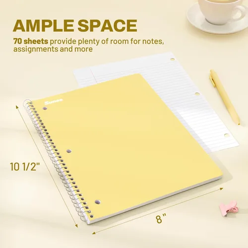 Miniatura 2 de SUNEE Cuadernos en espiral, paquete de 6, 1 materia, papel rayado universitario, 8 x 10-1/2 pulgadas, 70 hojas por cuaderno, cuadernos en espiral