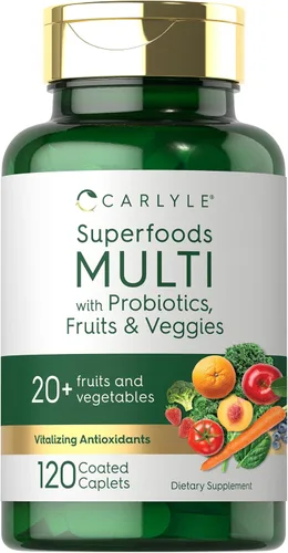 Carlyle Suplemento de frutas y verduras | 120 unidades | Multivitamínico superalimento con probióticos | Hecho con 20 frutas y verduras | Sin OMG y