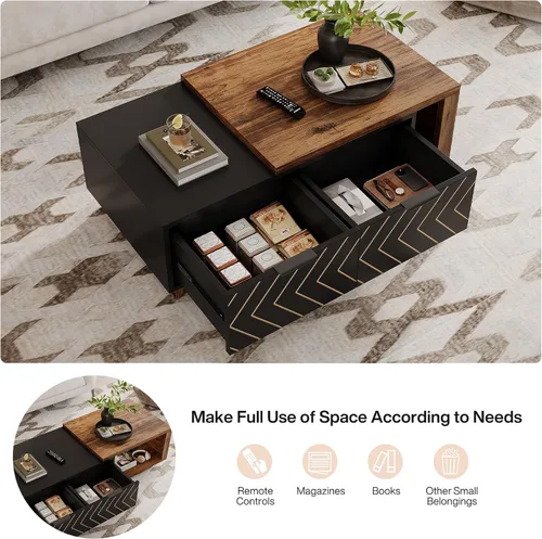 Miniatura 5 de Tribesigns - Mesa de café extensible con 2 cajones de almacenamiento, mesa central de dos tonos con tablero deslizante, mesa de cóctel rectangular
