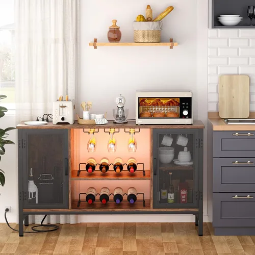 Miniatura 8 de Homieasy Armario de bar de vinos con tomas de corriente y luces LED, gabinete de barra de café industrial con estante para vino para bar en casa