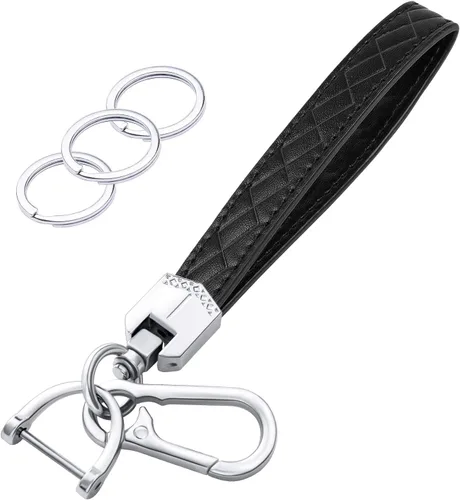 Miniatura 6 de OHKYOOT Llavero de cuero para muñeca, llavero de coche con 3 llaveros y anillo anti-pérdida (Negro)