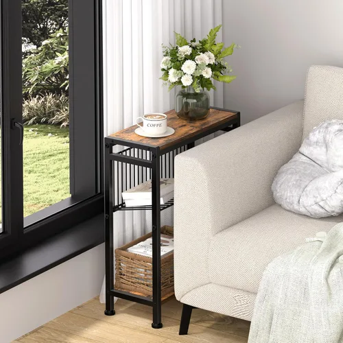 Miniatura 2 de Mesa auxiliar pequeña para espacios pequeños, mesa auxiliar estrecha de 3 niveles con soporte para revistas, mesita de noche delgada, mesa de Marrón
