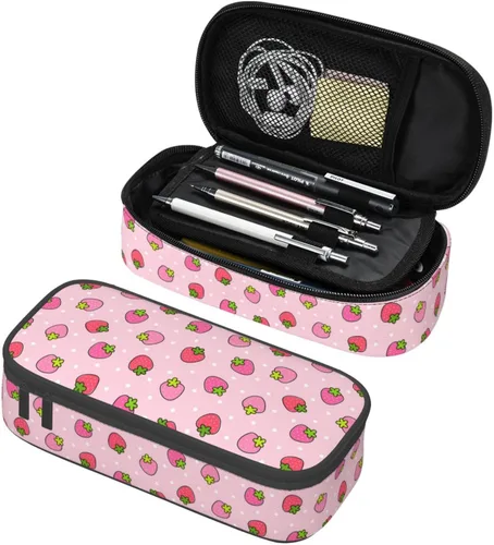Estuche para lápices con lunares rosados de fresa de gran capacidad, bolsa de papelería con cremallera, soporte portátil para bolígrafos,