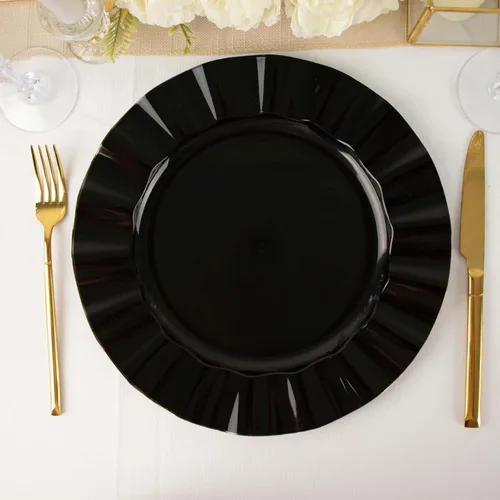 Efavormart - Platos de cena de 11 pulgadas – Juego de 10 platos desechables redondos de plástico negro con borde dorado rizado – Vajilla elegante