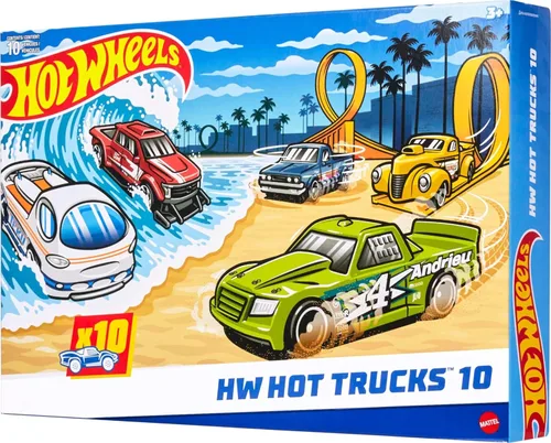 Miniatura 7 de Hot Wheels Paquete de 10, juego de 10 camiones de juguete a escala 1:64, mezcla de camionetas con licencia oficial y sin licencia, rescate o semi