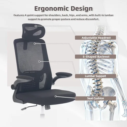 Miniatura 3 de Silla de oficina ergonómica con reposacabezas, silla de escritorio de malla con respaldo alto, soporte lumbar ajustable, silla giratoria