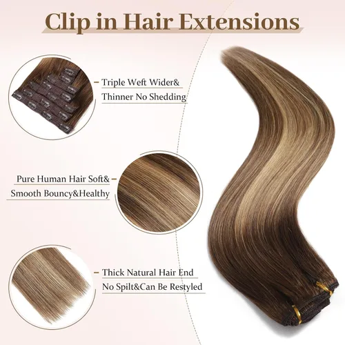 Miniatura 4 de Sisily - Extensiones de cabello con clip de cabello humano real, 30 cm 70 g, balayage de marrón chocolate a rubio, 100% cabello humano Remy