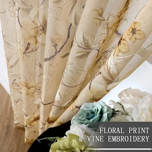 Miniatura 3 de Tollpiz Cortina Corta Transparente de Nivel Beige con Estampado de Hojas y Flores, Bordado Floral, Cortinas de Media Ventana Transparentes