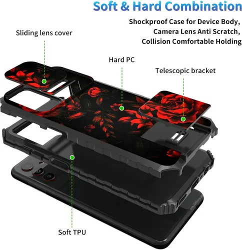 Miniatura 1000 de Funda para Samsung Galaxy S22 Ultra 5G, Galaxy S22 Ultra con cubierta de cámara deslizante, funda resistente de doble capa con función atril Black