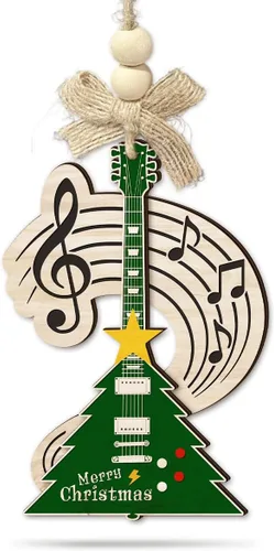 Adorno navideño de guitarra eléctrica para árbol, adorno musical de madera de 2 capas con notas y clave de agudos, regalo único para músico,