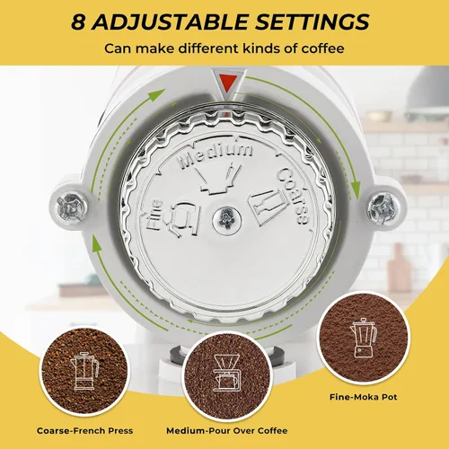 Miniatura 2 de Molinillo de café de Burr eléctrico, para uso comercial y doméstico, silencioso, pequeño, con tolva ajustable, con cepillo, cuchara, color blanco