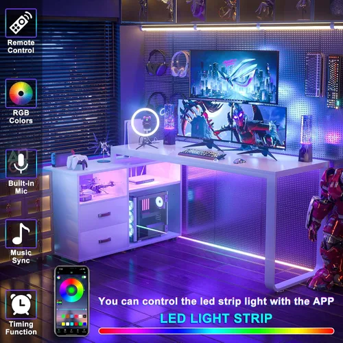 Miniatura 6 de Homieasy Escritorio en forma de L con archivador y toma de corriente, escritorios reversibles de esquina grandes de 55 pulgadas con tira LED