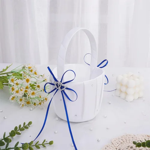 Miniatura 9 de QIRMIZI Juego de almohada para anillo de boda y cesta para niña de las flores, adornado con diamantes de imitación, satén blanco, azul
