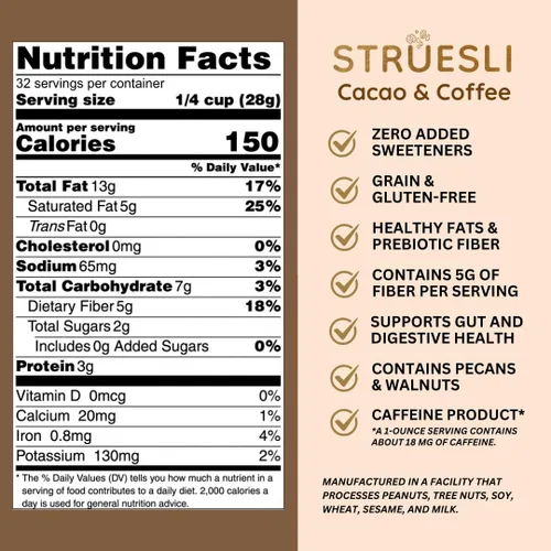 Miniatura 2 de Struesli Cacao + Café Orgánica Granola, Sin Granos y Sin Gluten, Bocadillos Saludables con Cacao, Café, Frutos de Chufa, Nueces Pecanas, Nueces