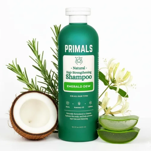PRIMALS Champú fortalecedor del cabello, cafeína, biotina, miel cruda, aceite de romero, antiadelgazamiento del cabello, ingredientes naturales,