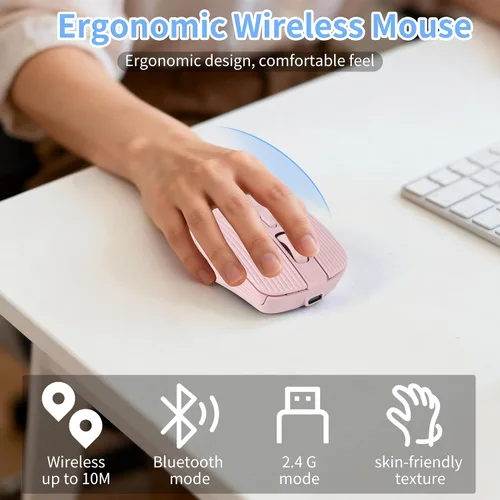 Miniatura 2 de Ratón inalámbrico Bluetooth silencioso recargable ergonómico portátil ratón óptico, modo dual, carga tipo C, con receptor USB 2.4G, para PC, Rosa