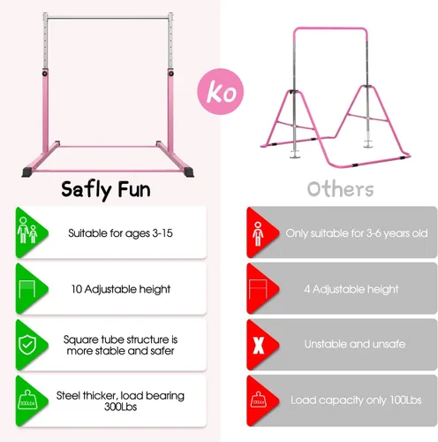 Miniatura 3 de Safly Fun Gymnastics Bar for Kids Ages 3-15 Sturdy Steel Home Gym, Adjustable Height (3 to 5 ft) with Anti-Slip Base, Easy Assembly Rosa