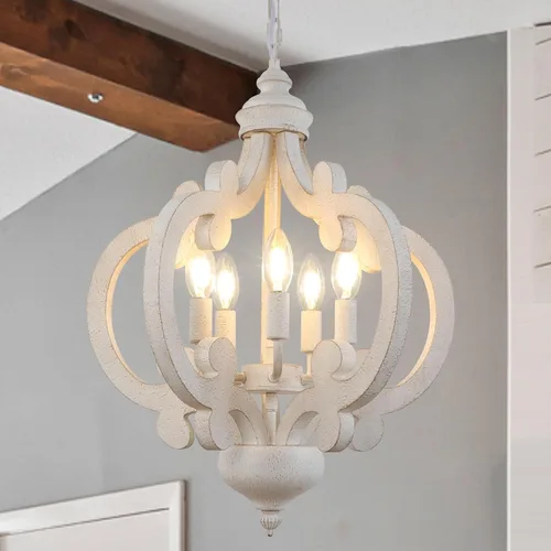 Miniatura 8 de Candelabro de Granja de 4 Luces, Candelabro de Madera Rústica Orbe Desgastado Lámpara Colgante de Estilo Campestre Francés Lámparas de Techo