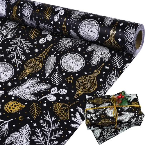 Papel de regalo de Navidad, papel de regalo de Navidad de papel kraft negro y dorado con lámina, rollo jumbo, papel de regalo negro y blanco para