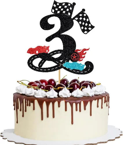 Miniatura 8 de Decoración para tartas de cumpleaños número 13, decoración para tartas de trece años con purpurina rápida, bandera a cuadros, pista de carreras