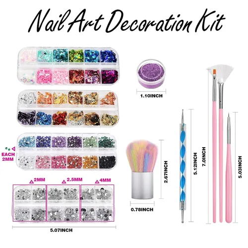 Miniatura 2 de FANDAMEI Kit de arte de uñas, Juego de pinceles de uñas, Kit de diseño de uñas, herramientas de punteado de uñas, purpurina fina para uñas