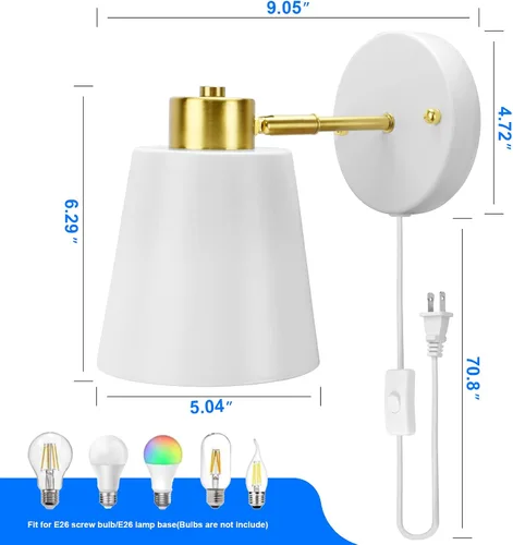 Miniatura 5 de Apliques de pared enchufables, lámpara de pared blanca de ángulo giratorio con cable de enchufe, luz de lectura industrial vintage de metal