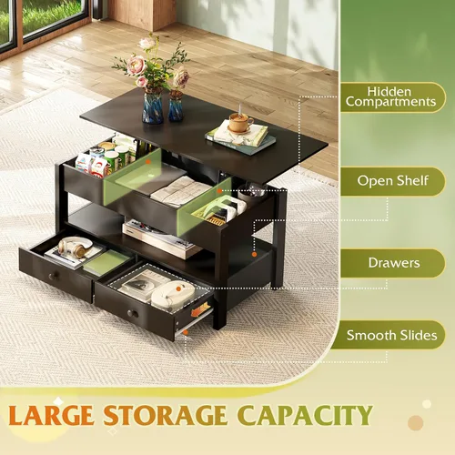 Miniatura 4 de WLIVE Mesa de Centro, Mesa de Centro con Tapa Elevable con 2 Cajones, Gran Almacenamiento y Estante Abierto, Tapa de Mesa Elevable para Sala de Negro