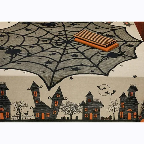 Miniatura 2 de Camino de mesa de Halloween, mantel redondo de encaje de araña de 40 pulgadas, mantel de Halloween para cena de Halloween (negro)