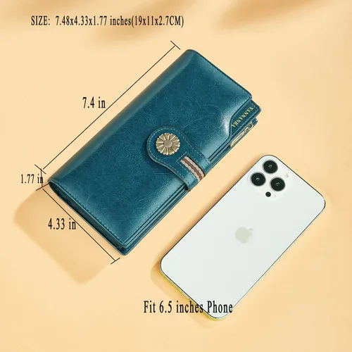 Miniatura 2 de VANNANBA Cartera larga y grande para mujer, de piel encerada con aceite RFID, cartera organizada, Azul eléctrico