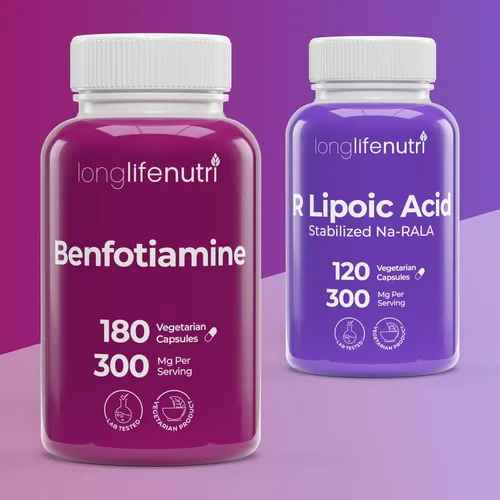 LongLifeNutri Paquete de Benfotiamina 300 mg, 180 cápsulas + ácido R-alfa lipoico 300 mg, 120 cápsulas - Apoyo energético celular y nervio dual,
