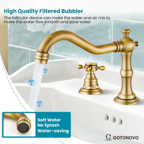 Miniatura 6 de gotonovo Grifo de baño de 3 agujeros y 8 pulgadas, grifo de lavabo de baño extendido, 2 asas cruzadas, grifo mezclador de tocador vintage con Latón