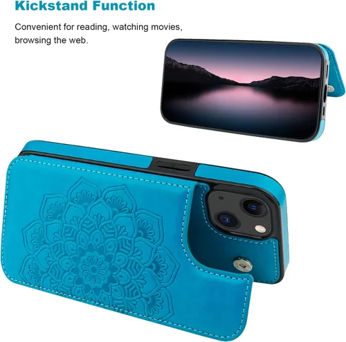 Miniatura 4 de Vaburs Funda compatible con iPhone 13 con tarjetero y diseño de mandala en relieve, de piel sintética, doble botones, a prueba de golpes, para Azul