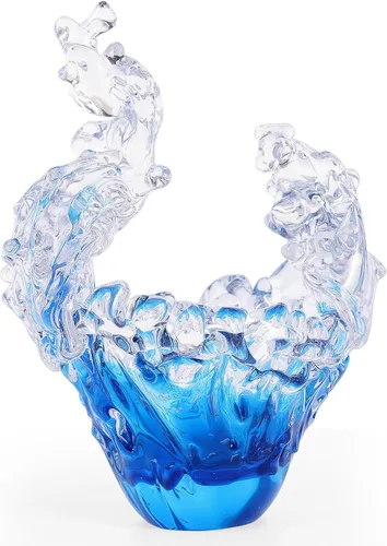 suruim Figuras de escultura de onda de vidrio soplado a mano, cuenco de vidrio azul y transparente para decoración del hogar, figura de vidrio