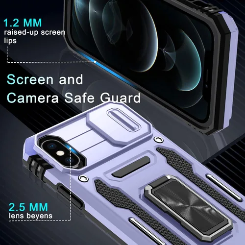 Miniatura 350 de DEERLAMN Funda para iPhone Xs Max con funda deslizante para cámara + protector de pantalla, soporte giratorio de anillo de grado militar a prueba