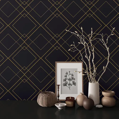 Miniatura 2 de CHIHUT Papel tapiz con forma de diamante negro y dorado para sala de estar, 17.7 x 236 pulgadas, papel tapiz moderno Art Deco para dormitorio, baño