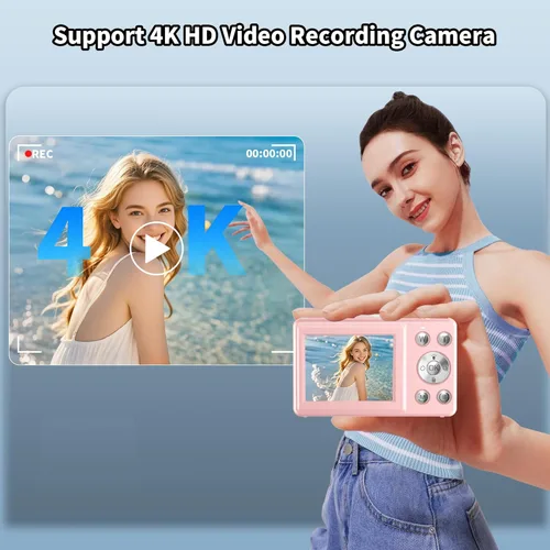 Cámara digital, UHD 4K 64MP cámaras digitales compactas para fotografía con tarjeta de 64GB, zoom óptico 16X, antivibraciones, cámara compacta Rosa