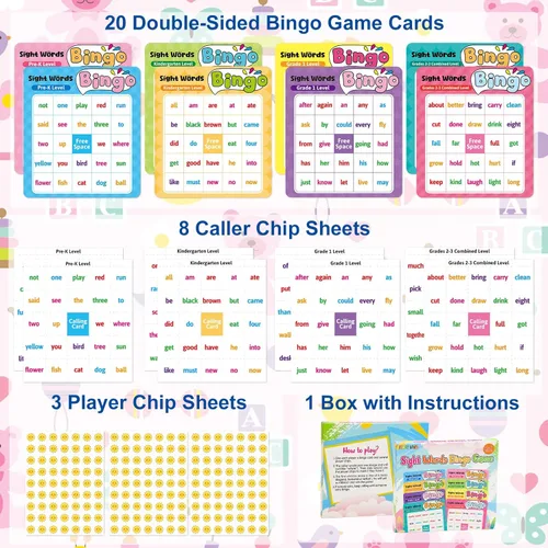 Miniatura 2 de Fancy Land Juego de bingo de palabras a la vista para niños y adultos, listas de palabras de Dolch & Fry's, juego de bingo para pre-k a 3er grado