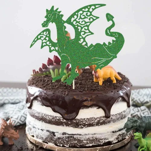 Miniatura 4 de Decoración de pastel de dragón, decoración de pastel de fiesta de cumpleaños de dinosaurio, dinosaurio jurásico de la selva T-Rex rugido feliz