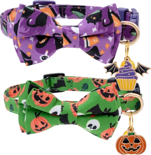 Faygarsle Paquete de 2 bonitos collares de gato de temporada para Halloween y otoño, collar separable con cascabeles, corbatín, bonitos patrones