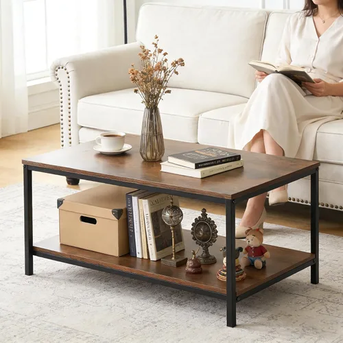 Miniatura 2 de SUPER DEAL Mesa de café industrial de 2 niveles con estante de almacenamiento para apartamento pequeño, sala de estar, mesa auxiliar rectangular