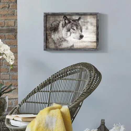 Miniatura 4 de Arte de Pared Enmarcado de Lobo: Pintura Moderna de Animales Salvajes de Madera Rústica Natural Imagen de Vida Silvestre Obra de Arte de Lobo Gris