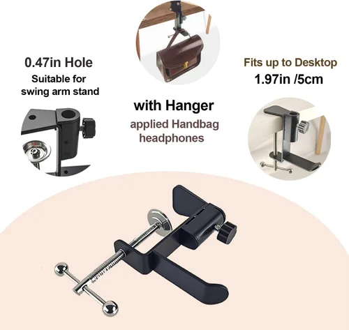 Miniatura 5 de Soporte de abrazadera de mesa para soporte de micrófono, abrazaderas de micrófono para escritorio con gancho para auriculares, abrazadera
