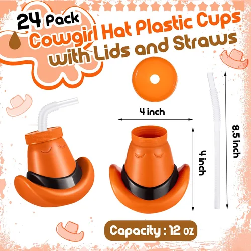 Miniatura 2 de Amyhill 24 tazas de sombrero de vaquero con tapas y pajitas de plástico de 12 onzas para sombrero de vaquero para suministros de fiesta de rodeo