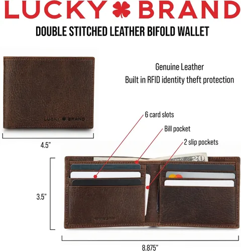 Miniatura 7 de Lucky Brand Men's Bifold Wallet ID Window Card Slots Genuine Leather Organization Durable Stylish