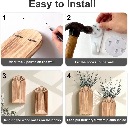 Miniatura 5 de DREAMLOOM Paquete de 2 jarrones de pared de madera con plantas artificiales de eucalipto, macetas para colgar en la pared, estilo bohemio y moderno