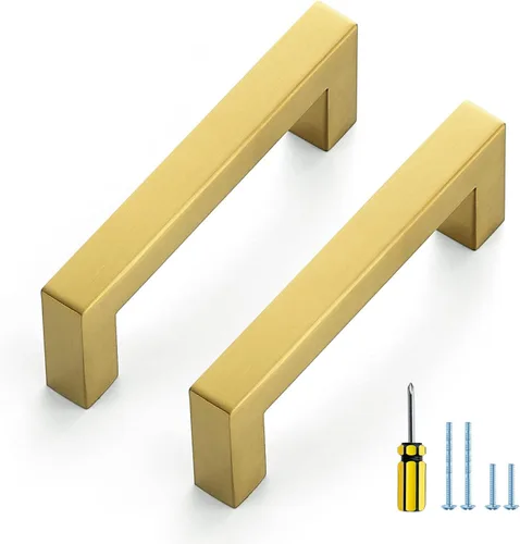 Miniatura 10 de Ravinte Paquete de 5 tiradores dorados de latón brusehed de 3 pulgadas para gabinetes de cocina, herrajes de cocina cuadrados dorados para gabinete