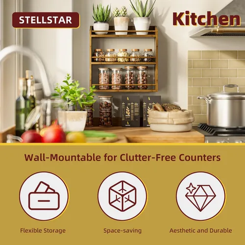 Miniatura 4 de STELLSTAR Estante de especias para encimera, estante organizador de tarros de condimentos de bambú para montaje en pared, 15.83 pulgadas de ancho x
