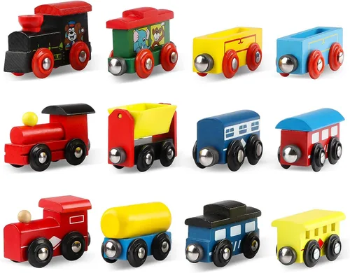 Miniatura 2 de Wondertoys Juego de 12 trenes magnéticos de madera, incluye 3 motores y bolsa de almacenamiento, juego de tren de madera para niños pequeños